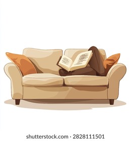 A comfortable, light-colored two-seater sofa with orange throw pillows, featuring a person in brown clothing relaxing and reading an open book.