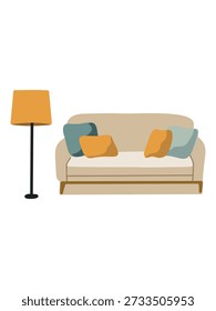 gemütliches Wohnzimmer beiges Sofa mit Stehlampe