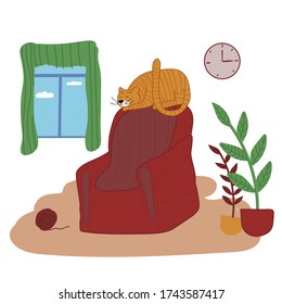 Comfortable living room interior with a ginger cat sitting on an armchair and ottoman, indoor plants growing in pots, and interior items. Vector illustration in hand-drawn style.