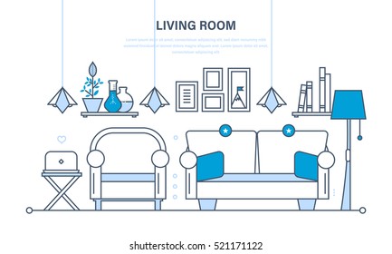 The comfortable living room, a room for reception of guest, home furnishings and comfortable interior, the furniture. Illustration thin line design of vector doodles, infographics elements.