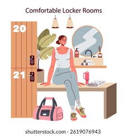 Comfortable locker room setting featuring a woman relaxing after a workout. The background includes lockers, plants, towels, and personal items, emphasizing a welcoming atmosphere for fitness