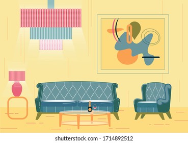 Comfortable Lounge Area for Rest Between Game. Room with Rich Chandelier, Leather Sofa and Low Table with Full Wine Glass. Stylish Picture in Modern Style at Wall, Lamp on Stand Look Like Chandelier.