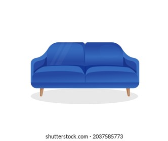 Comfortable luxury blue sofa on an isolated white background. Vector illustration of a stylish home couch for interior design. Modern furniture. Icon, element.