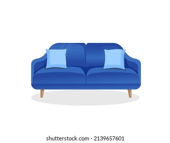 Comfortable luxury blue sofa with pillows on an isolated white background. Vector illustration of a stylish home couch for interior design. Modern furniture. Icon, element.