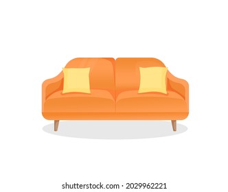 Komfortables, orangefarbenes luxuriöses Sofa mit gelben Kissen auf isoliertem weißem Hintergrund. Vektorgrafik eines stilvollen Wohncouches für Innenausstattung. Moderne Möbel. Symbol, Element.