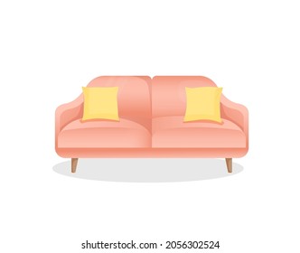 Cómodo sofá rosa de lujo con almohadas amarillas sobre un fondo blanco aislado. Ilustración vectorial de un elegante sofá casero para el diseño interior. Mobiliario moderno. Icono, elemento