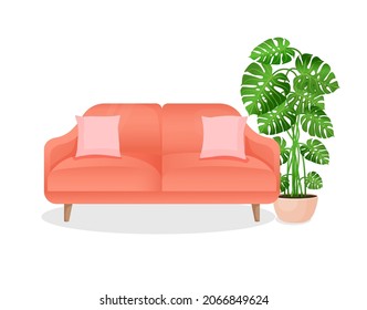 Cómodo sofá rojo de lujo con almohadas rosas y una planta de la casa de monstera sobre un fondo blanco aislado. Ilustración vectorial de un elegante sofá casero para el diseño interior. Mobiliario moderno. Icono
