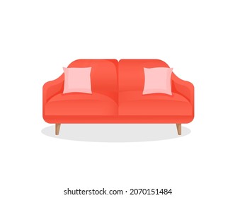 Comfortable luxury red sofa with pink pillows on an isolated white background. Vector illustration of a stylish home couch for interior design. Modern furniture. Icon, element.