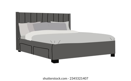 Comfortable modern bed with pillows, duvet, blanket. Furniture for bedroom, interior design element. Flat vector colorful illustration isolated on white background