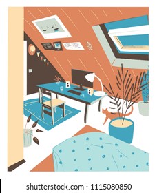 Comfortable modern cabinet, mansard or attic room furnished in trendy Scandinavian hygge style and decorated with wall pictures and potted plants. Flat colorful hand drawn vector illustration. 