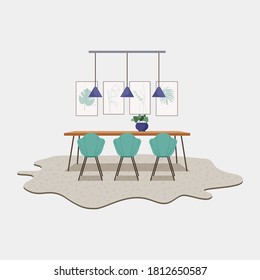 Comfortable modern dining room interior design. Flat cartoon style vector illustration.