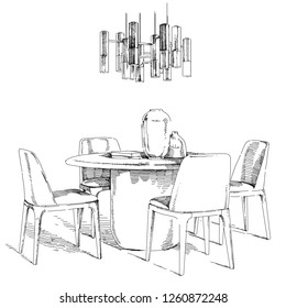 Comfortable modern interior hand drawing vector illustration.
