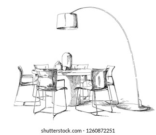 Comfortable modern interior hand drawing vector illustration.