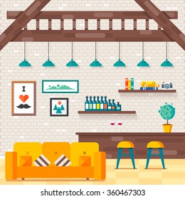 Comfortable modern loft living room with convenient sofa and decorative pillows, fashioned styled lamps, books on  shelves, alcohol bar, dinner table, brick wall. Vector illustration, fully editable.