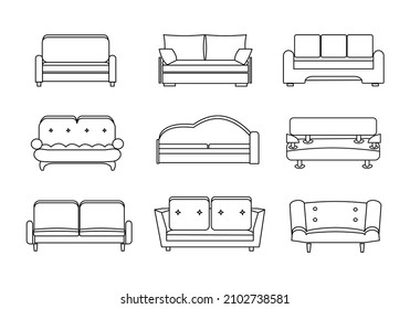 Comfortable modern sofa collection Outline vector illustration isolated set