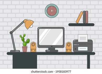 A comfortable modern technological freelancer s workplace in a flat style consisting of a printer monitor speakers desk lamp clock and shelf with books vector illustration.