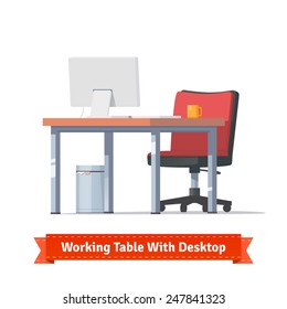 Comfortable modern workplace with desktop, wheelchair and a trashcan. Flat style illustration or icon. EPS 10 vector.