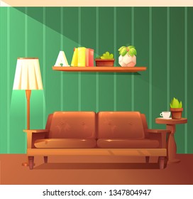 Comfortable old couch next to the floor lamp and book shelf with plant on the background of retro wallpaper. Living room with a sofa. Vector cartoon illustration