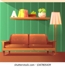 Comfortable old couch next to the floor lamp and book shelf with plant on the background of retro wallpaper. Living room with a sofa. Vector cartoon illustration