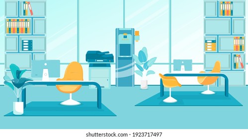 Comfortable Organized Working Space in Office. Modern Design Interior. Desk, Chairs and Shelves for Documents and Folders. Computer, Copier, Printer, Water Cooler. Vector Cartoon Illustration