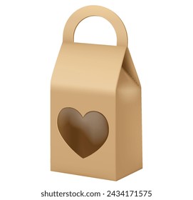 Comfortable paper bag with heart shaped window realistic vector illustration. Takeaway food recyclable package 3d object on white background