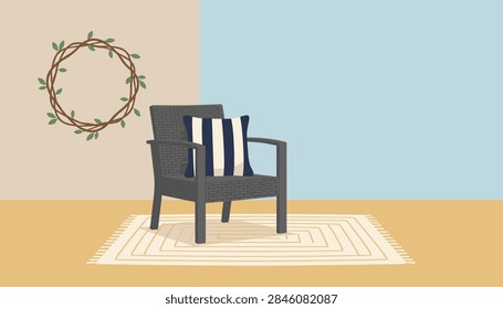 Comfortable patio setup featuring a modern dark wicker armchair with a striped pillow on a stylish geometric rug.