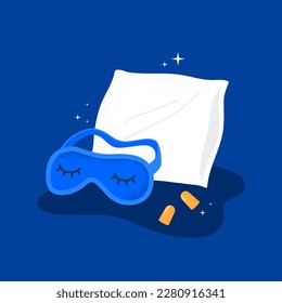 Comfortable pillow, mask, and earplugs for better sleep. Relaxation, healthy sleep concept. Vector flat illustration on the background.