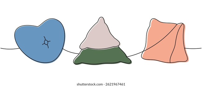 Comfortable pillows set one line colored continuous drawing. Soft pillows for sleeping. Vector illustration.