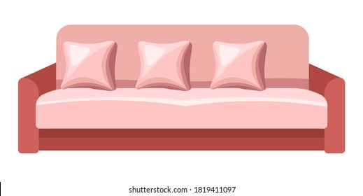 Comfortable pink sofa with cushions, isolated icon of couch with orthopedic pillows. Furniture for home interior styling, contemporary design of indoors. Soft and fluffy material vector in flat