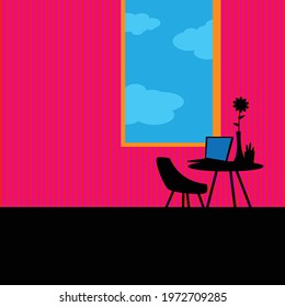 Comfortable place for remote work. Peace, comfort, table, flower, computer, large window. Vector image for illustrations.