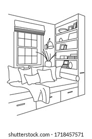 Comfortable place to spend time. Cozy armchair. Room interior. Sketch of the reading place. Stay at home.