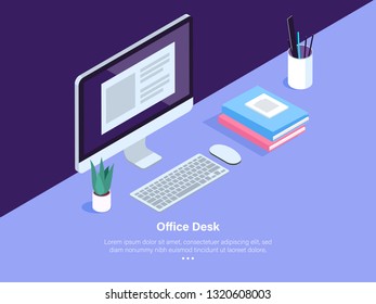 A Comfortable Place to Work. Office Desk Concept. 3d Isometric Vector Illustration.