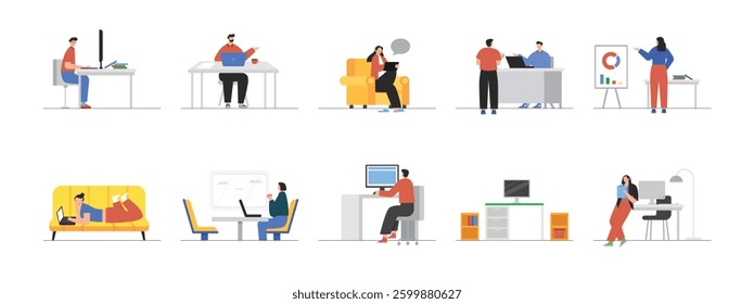 Comfortable and quiet workplace to work on deadlines. Design character. Vector flat illustration packs