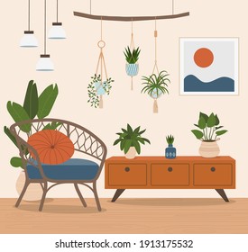 Comfortable rattan chair and house plants. Vector flat style illustration