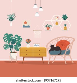 Comfortable rattan chair and house plants. Vector flat style illustration