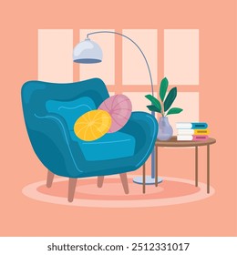 Comfortable reading nook with a blue armchair, books, and indoor plant in a cozy space Vector illustration