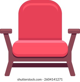 Comfortable red cinema or theater armchair with wooden armrests is ready for the beginning of the performance, inviting viewers to immerse themselves in the world of art