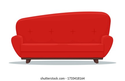 Comfortable Red Couch Isolated On A White Background. Cartoon Illustration. Vector Icon. Interior Design Element.