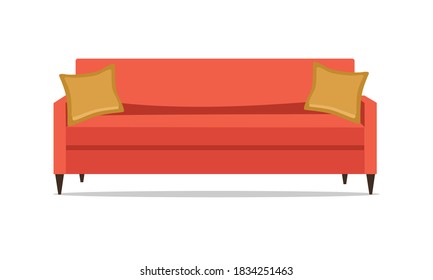 Comfortable red sofa with pillows. Flat style vector illustration