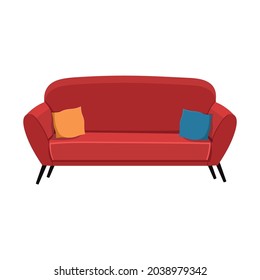 Komfortables rotes Sofa mit Kissen.Einziger roter Sofa auf weißem Hintergrund.