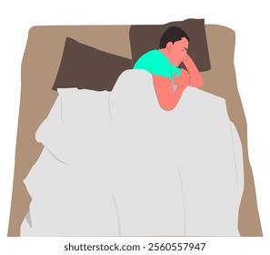 A comfortable and relevant illustration of a man sleeping soundly in bed, covered by a soft blanket, ideal for bedding products, healthcare services or sleep aids.