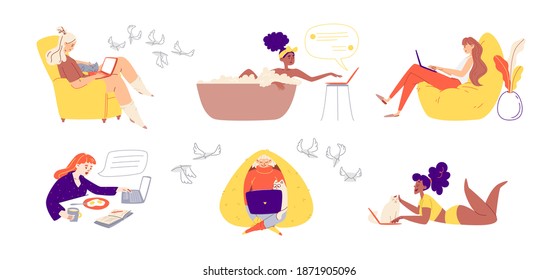 Comfortable remote work concept. Colorful set with young women working from home. A collection of girls working from the bath, at breakfast, or in a cozy yellow armchair. Vector stock illustration.