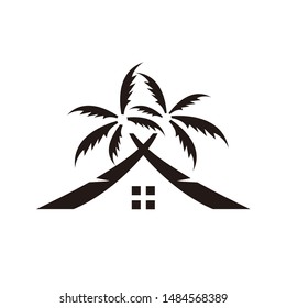 comfortable resort on the beach, marked by two palm trees