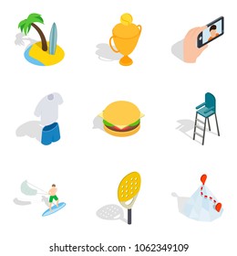 Comfortable rest icons set. Isometric set of 9 comfortable rest vector icons for web isolated on white background