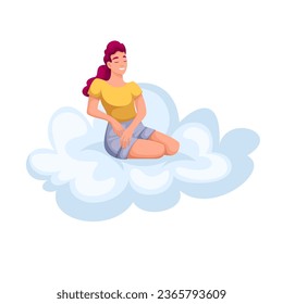 Comfortable rest of woman on cloud vector illustration. Cartoon isolated happy girl sitting on comfy summer cloud to relax and sleep, enjoy beauty of sky and freedom, healthy magic free vacation