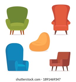 Comfortable retro and modern armchairs. Collection of stylish cosy furniture. Set of trendy chairs, simple fashionable furniture elements. Vector illustration