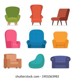 Comfortable retro and modern armchairs. Collection of stylish cosy furniture. Set of trendy chairs, simple fashionable furniture elements. Vector illustration