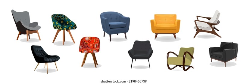 Cómodos sillones retro y modernos. Colección de mobiliario elegante y acogedor. Sillones de moda, muebles sencillos y de moda. Ilustraciones vectoriales realistas aisladas en fondo blanco.