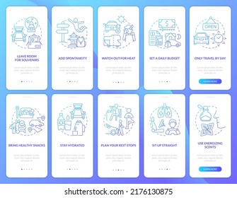 Comfortable road trip blue gradient onboarding mobile app screen set. Walkthrough 5 steps graphic instructions with linear concepts. UI, UX, GUI template. Myriad Pro-Bold, Regular fonts used