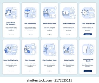 Cómodo viaje por carretera con pantalla de aplicación móvil azul claro incorporado. Recorrido 5 pasos instrucciones gráficas editables con conceptos lineales. UI, UX, plantilla GUI. Multitud de tipos de letra Pro-Bold, con uso regular